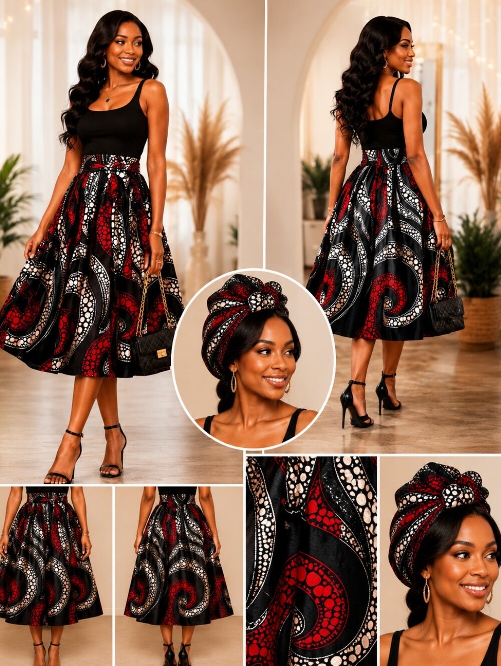 Ankara | Midi Skirt w/Head Wrap | 100% Cotton | Black Red Cream | One Size S–2XL